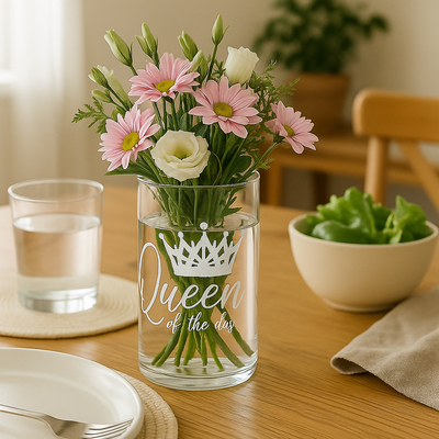 Personalisierte Blumenvase aus Glas mit Gravur