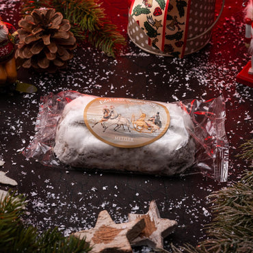 Edel-Marzipanstollen (200g) in schwarzer Blechdose mit Papier-Banderole mit Wunschmotiv oder Logo (Werbemittel)