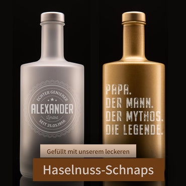 Haselnuss-Schnaps in personalisierter Glasflasche mit Lasergravur