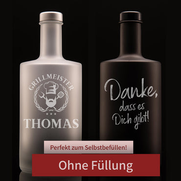 Personalisierte Glasflasche mit Gravur und Wunschmotiv zum selbst Befüllen